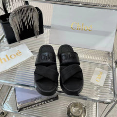 MILA FLAT SLIDES 5 CM IN BLACK CALFSKIN AND RE-NYLON
