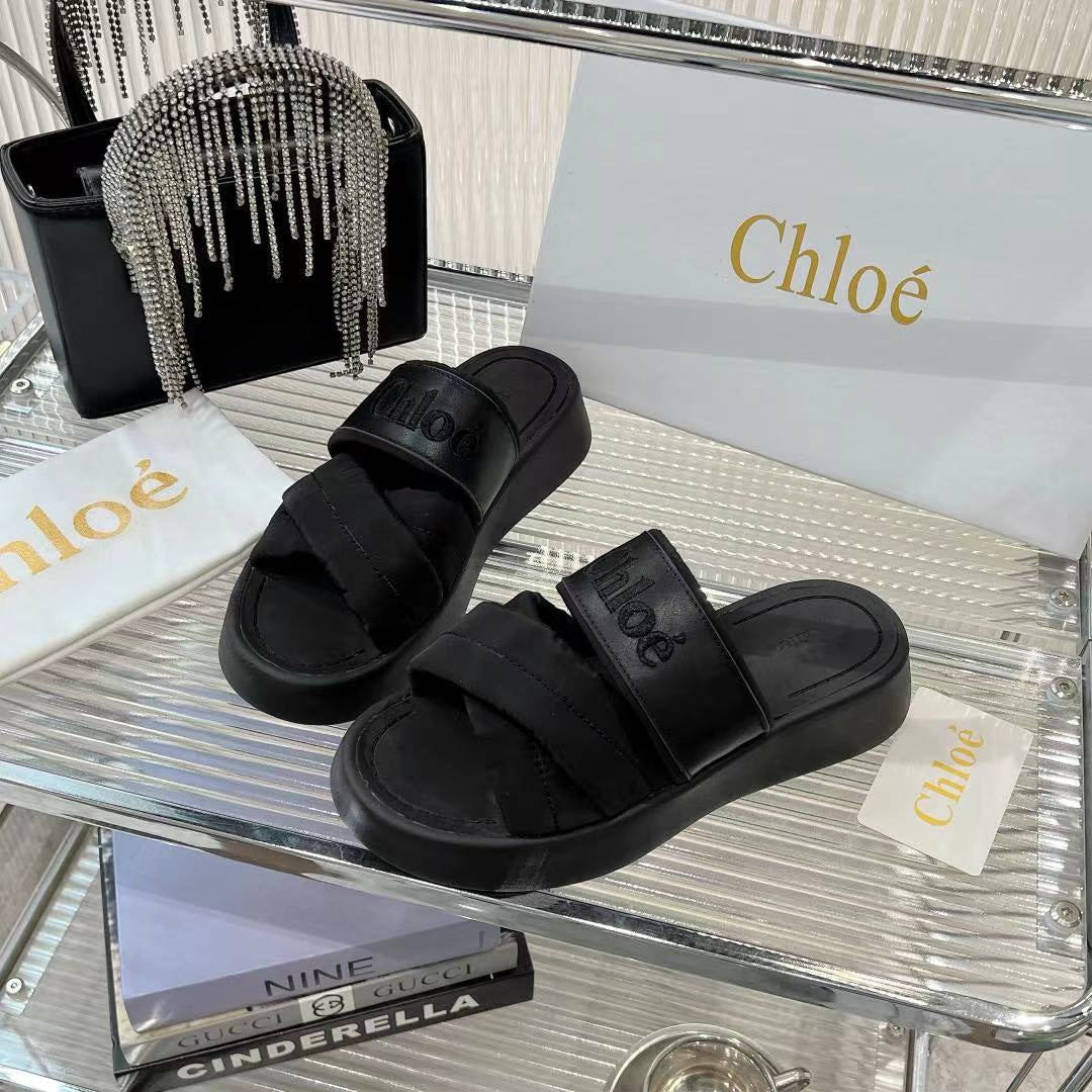 MILA FLAT SLIDES 5 CM IN BLACK CALFSKIN AND RE-NYLON