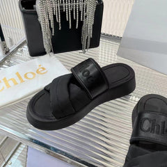 MILA FLAT SLIDES 5 CM IN BLACK CALFSKIN AND RE-NYLON