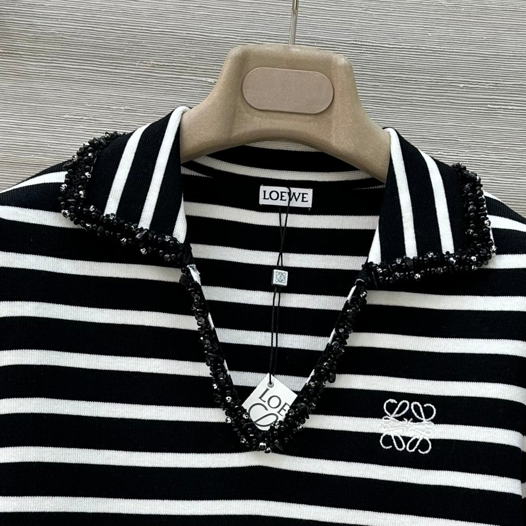 Loewe 25 Striped Knitted Polo Short-sleeved Top Black Tencel