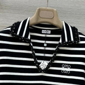 Loewe 25 Striped Knitted Polo Short-sleeved Top Black Tencel