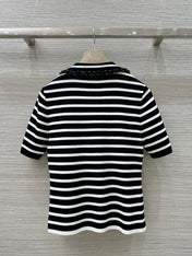 Loewe 25 Striped Knitted Polo Short-sleeved Top Black Tencel