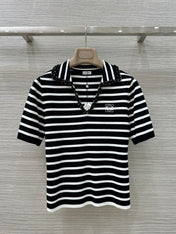 Loewe 25 Striped Knitted Polo Short-sleeved Top Black Tencel