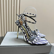 PADLOCK POINTY NAKED SANDAL 10 CM IN WHITE MIX IRIS PURPLE CALFSKIN