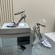 PADLOCK POINTY NAKED SANDAL 10 CM IN WHITE MIX IRIS PURPLE CALFSKIN