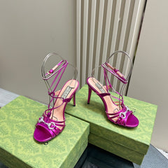 CRYSTAL HORSEBIT STRAPPY SANDAL 10.5CM IN HOT PINK PATENT LEATHER