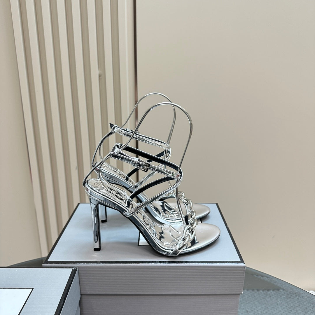 HIGH-HEELED 10 CM SANDAL IN SILVER LAMBSKIN WITH SILVER HARDWARE