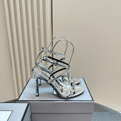 HIGH-HEELED 10 CM SANDAL IN SILVER LAMBSKIN WITH SILVER HARDWARE