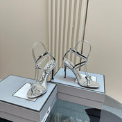 HIGH-HEELED 10 CM SANDAL IN SILVER LAMBSKIN WITH SILVER HARDWARE