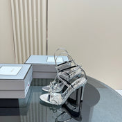 HIGH-HEELED 10 CM SANDAL IN SILVER LAMBSKIN WITH SILVER HARDWARE