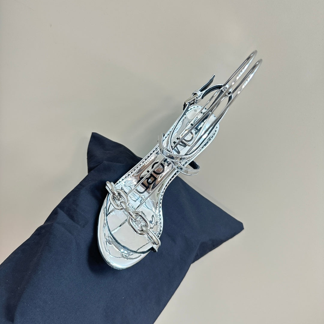 HIGH-HEELED 10 CM SANDAL IN SILVER LAMBSKIN WITH SILVER HARDWARE