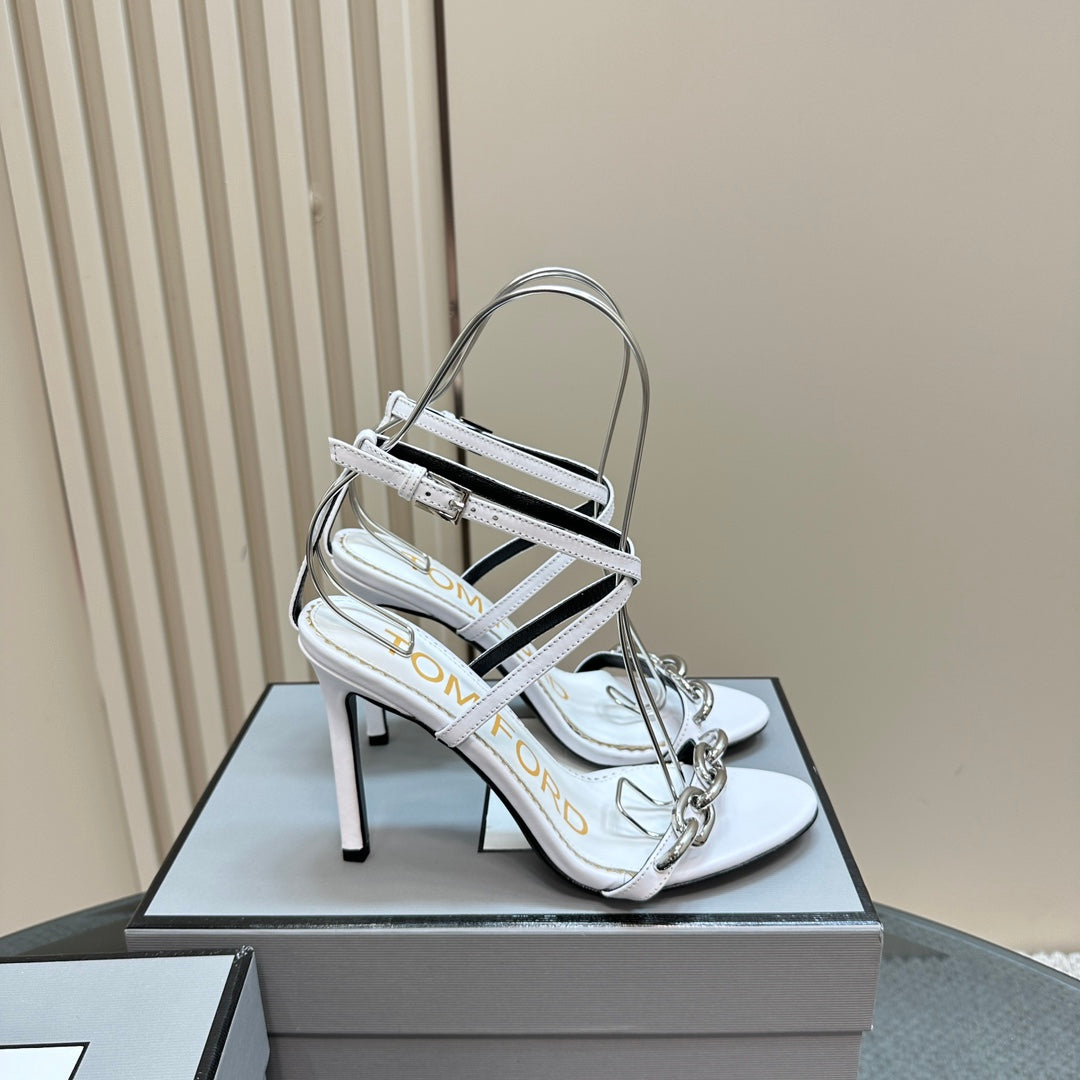 HIGH-HEELED 10 CM SANDAL IN WHITE LAMBSKIN WITH SILVER HARDWARE