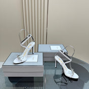 HIGH-HEELED 10 CM SANDAL IN WHITE LAMBSKIN WITH SILVER HARDWARE