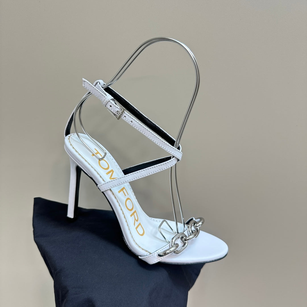 HIGH-HEELED 10 CM SANDAL IN WHITE LAMBSKIN WITH SILVER HARDWARE