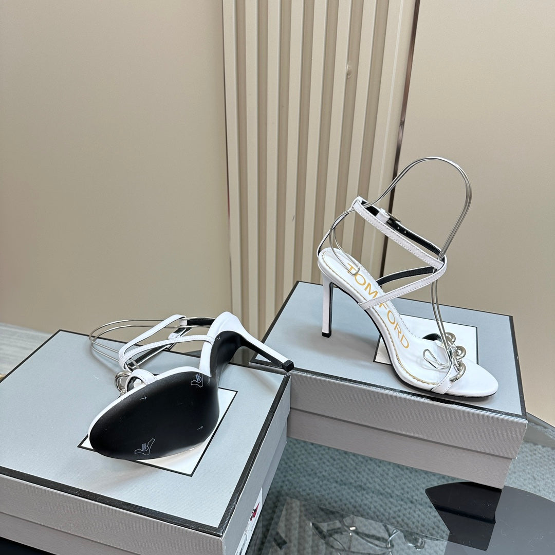 HIGH-HEELED 10 CM SANDAL IN WHITE LAMBSKIN WITH SILVER HARDWARE