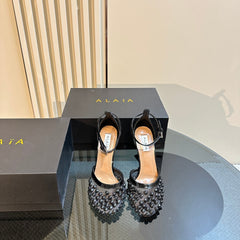 ALAIA HIGH FISHNET PUMPS WITH STUDS IN BLACK LYCRA MESH AND LAMBSKIN