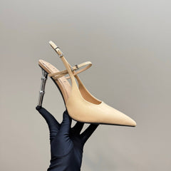 POINTED-TOE HIGH BAMBOO-EFFECT HEEL SLINGBACK IN BEIGE PATENT CALFSKIN