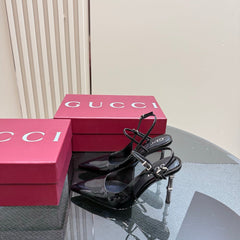 POINTED-TOE HIGH BAMBOO-EFFECT HEEL SLINGBACK IN BLACK PATENT CALFSKIN