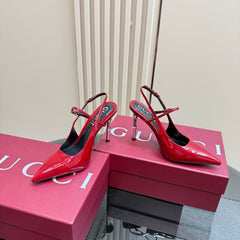 POINTED-TOE HIGH BAMBOO-EFFECT HEEL SLINGBACK IN RED PATENT CALFSKIN