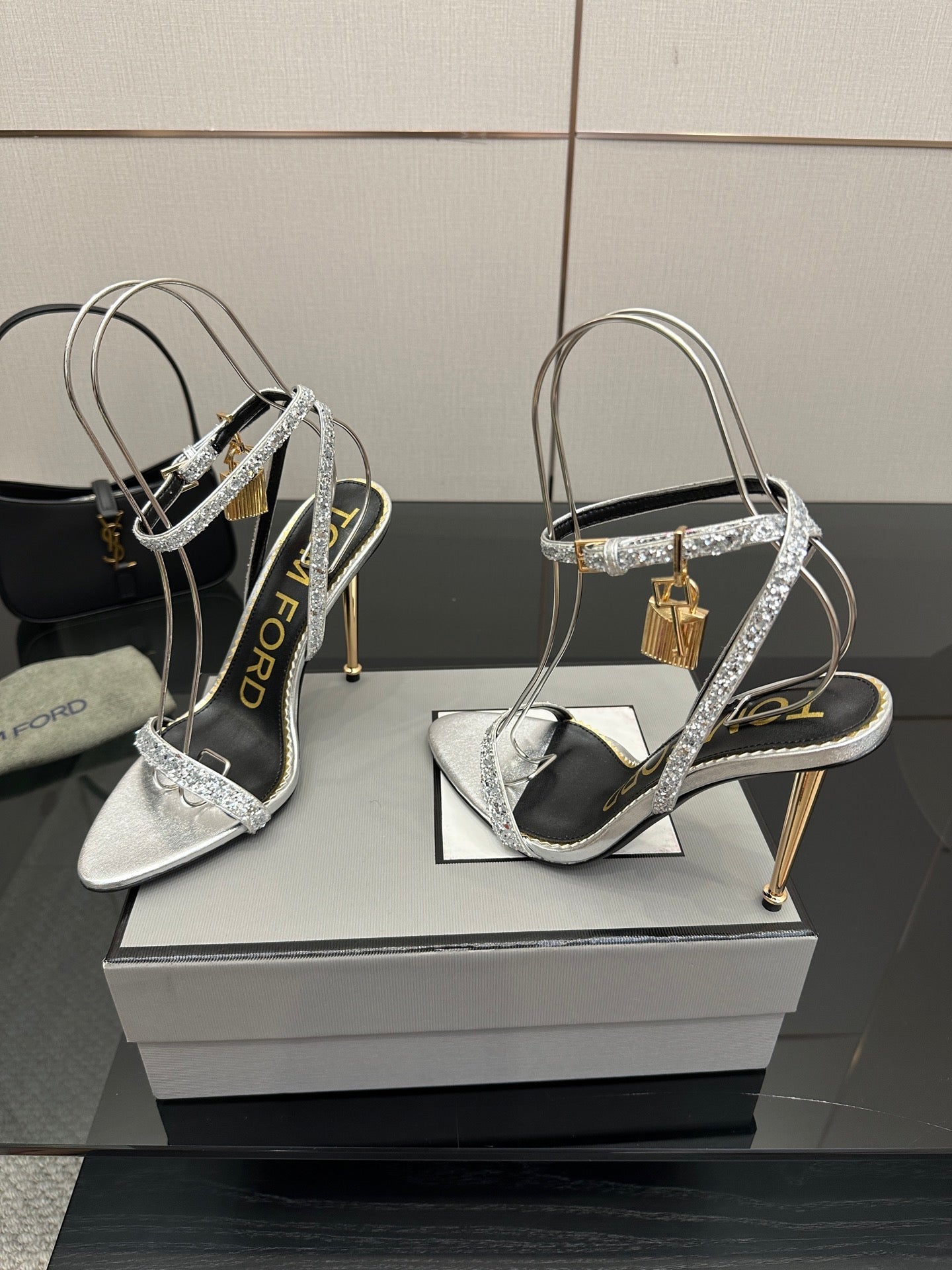 TOM FORD 26S HEELED SANDALS 100 MM IN SILVER CALFSKIN