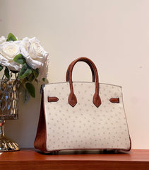 KELLY  SELLIER 25 BAG IN WHITE MIX RED BROWN OSTRICH LEATHER