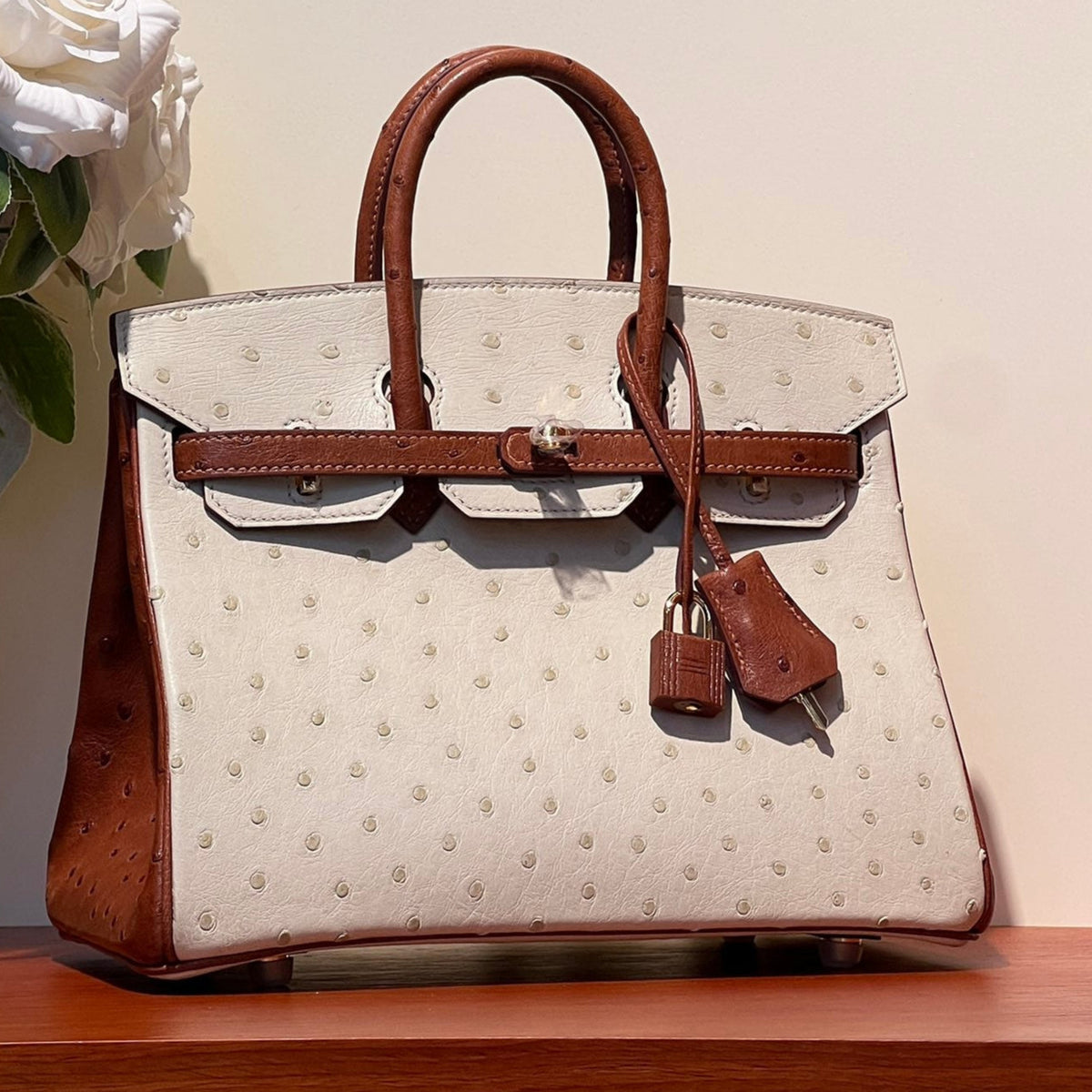 KELLY  SELLIER 25 BAG IN WHITE MIX RED BROWN OSTRICH LEATHER