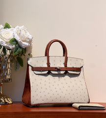 KELLY  SELLIER 25 BAG IN WHITE MIX RED BROWN OSTRICH LEATHER