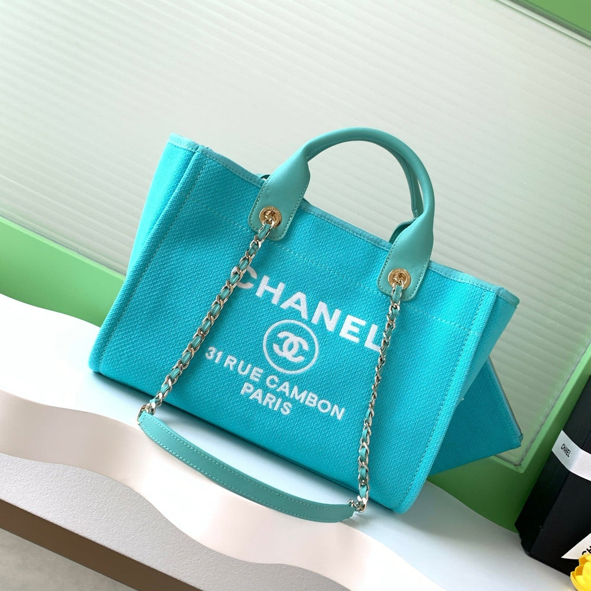 CHANEL 25S TOTE BAG 33 IN TURQUOISE BLUE CANVAS