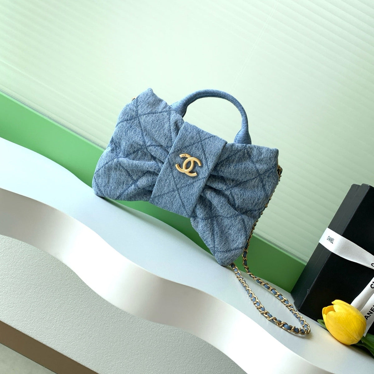 CHANEL 25S MAXI BOW BAG 26 IN BLUE DENIM WITH GOLD HARDWARE