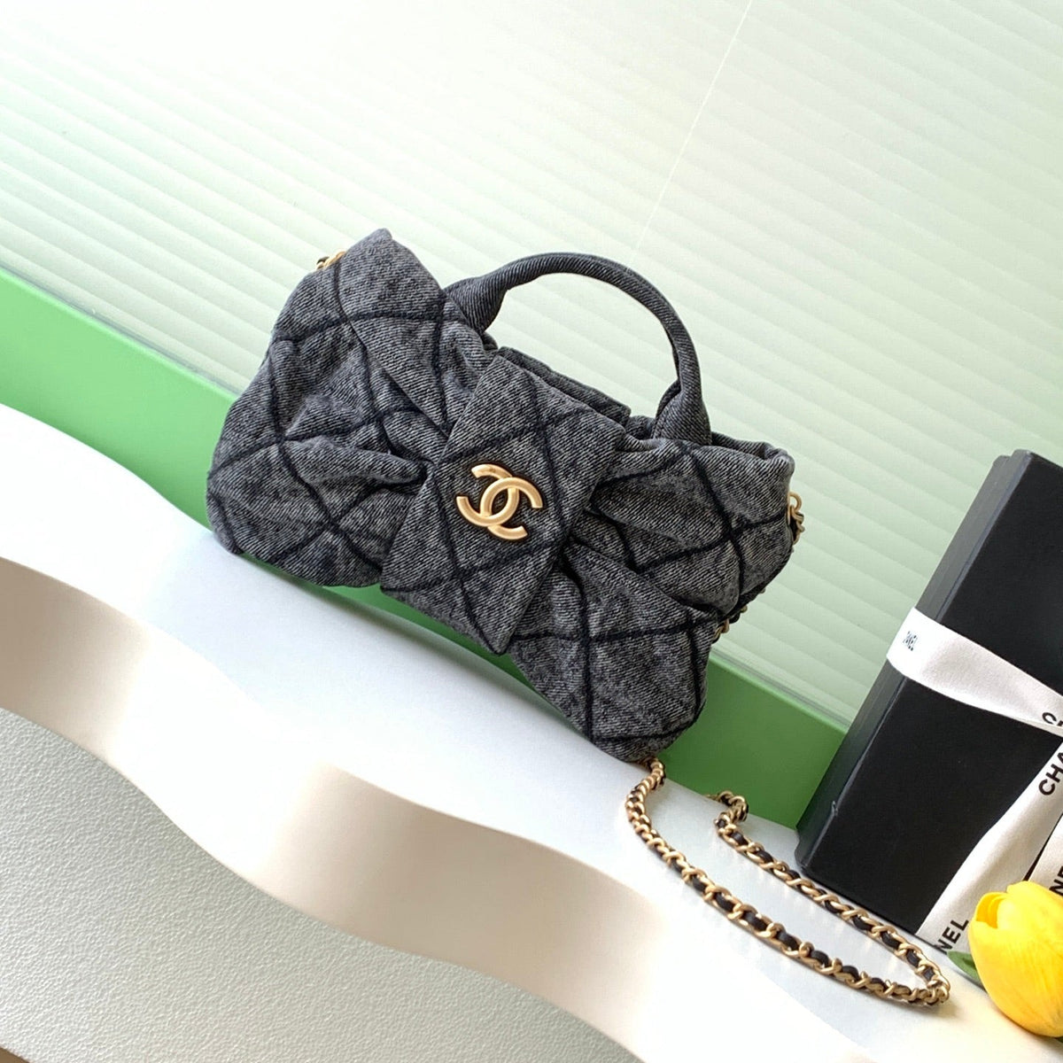 CHANEL 25S MAXI BOW BAG 26 IN DARK GREY DENIM WITH GOLD HARDWARE