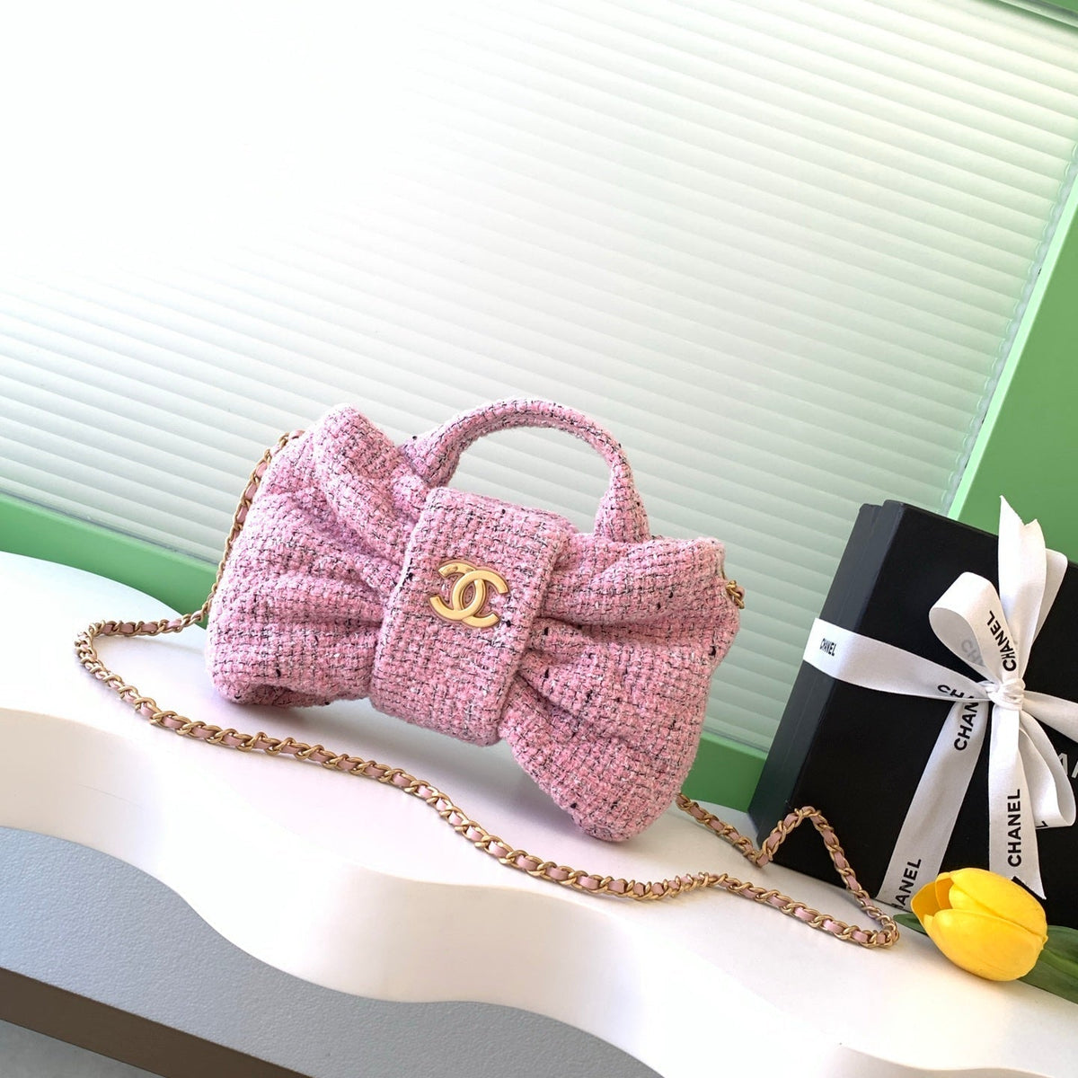 CHANEL 25S BOW BAG 26 IN PINK TWEED WITH GOLD HARDWARE