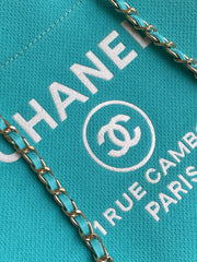 CHANEL 25S TOTE BAG 38 IN TURQUOISE BLUE CANVAS