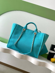 CHANEL 25S TOTE BAG 38 IN TURQUOISE BLUE CANVAS
