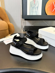 NAMA WEDGE SANDALS IN BLACK FABRIC AND WHITE RUBBER