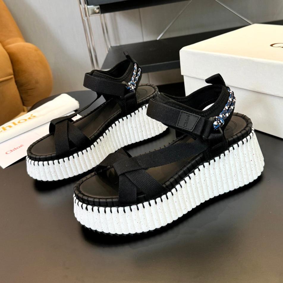 NAMA WEDGE SANDALS IN BLACK FABRIC AND WHITE RUBBER