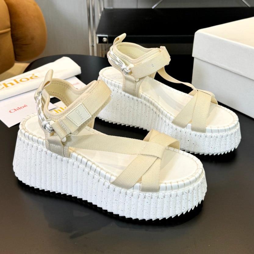 NAMA WEDGE SANDALS IN BEIGE FABRIC AND WHITE RUBBER