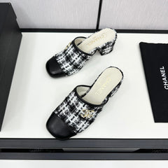 CC HIGH MULE IN WHITE MIX BLACK WOOL TWEED AND CALFSKIN