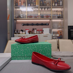 RHINESTONE BALLET FLATS WITH BOW IN RED WAX-OIL SHEEPSKIN