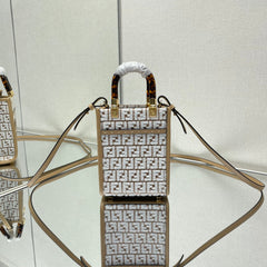 MINI SUNSHINE 18 IN WHITE WOOL AND CAMEL BROWN RAFFIA CALFSKIN TRIM