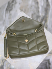 YSL 25S LOULOU PUFFER MINI 23 IN DARK OLIVE CALFSKIN GOLD HARDWARE