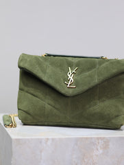 YSL 25S LOULOU PUFFER MINI 23 IN GREEN SUEDE GOLD HARDWARE