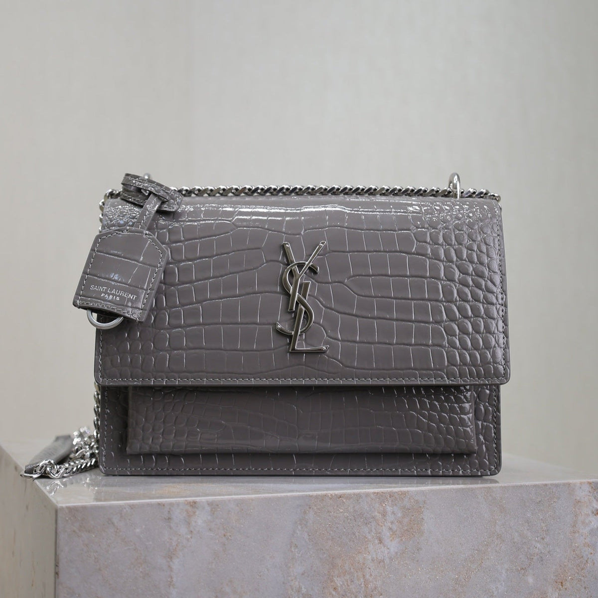 YSL 25S SUNSET MEDIUM 22 IN DARK GRAY CROCODILE-EMBOSSED SHINY CALFSKIN SILVER HARDWRE
