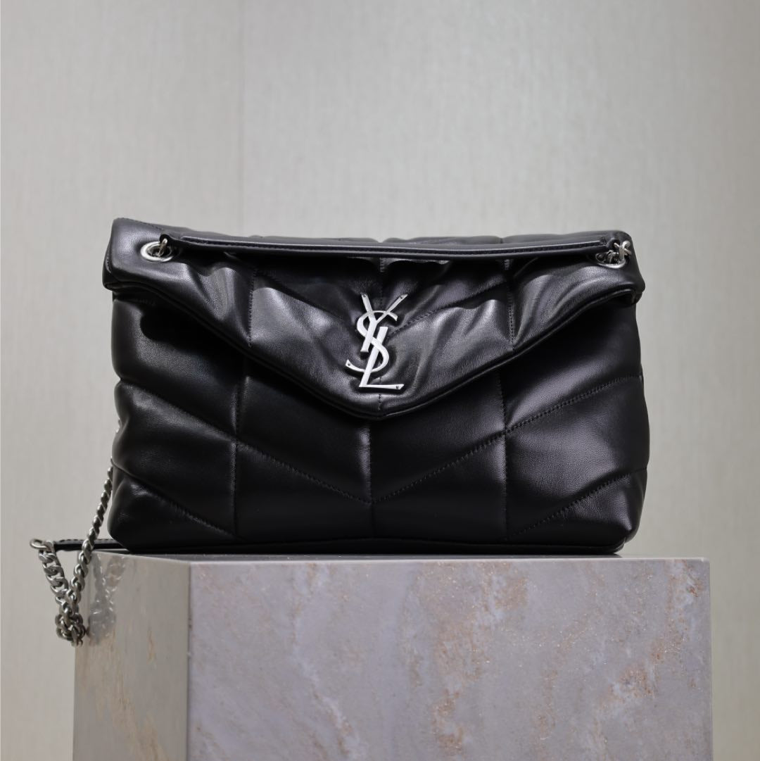YSL 25S LOULOU PUFFER GM 35 IN BLACK CALFSKIN SILVER HARDWARE