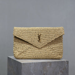YSL 25S CASSANDRE LARGE ENVELOPE POUCH 29 IN NATURAL RAFFIA GOLD HARDWRE