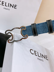 CELINE 25S BELT TRIOMPHE TAURILLON 25MM IN BLACK CALFSKIN AND DENIM 558342