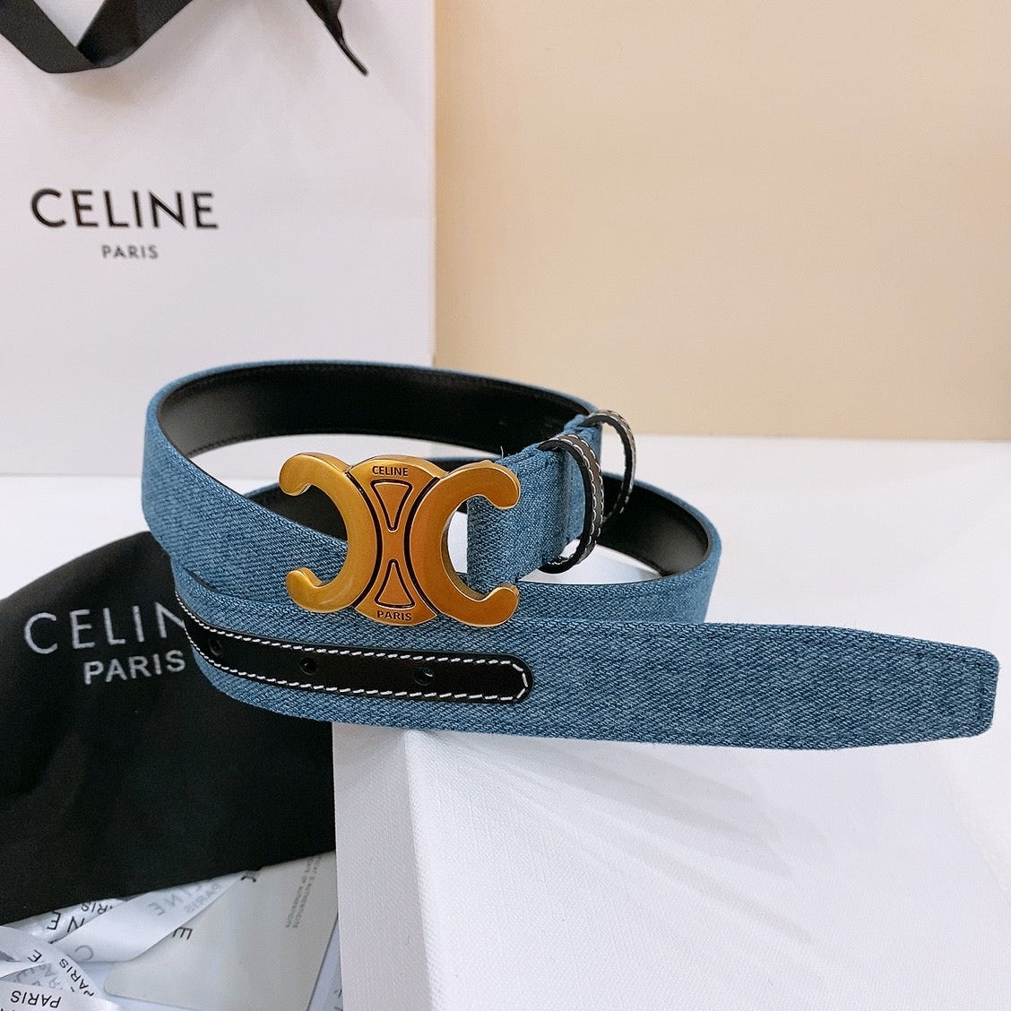 CELINE 25S BELT TRIOMPHE TAURILLON 25MM IN BLACK CALFSKIN AND DENIM 558345
