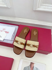 GARAVANI V LOGO SIGNATURE SLIDE IN BEIGE RAFFIA AND BROWN CALFSKIN