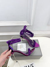 TOM FORD 26S HIGH-HEELED SANDALS 105 MM IN PURPLE FABRIC AND CALFSKIN