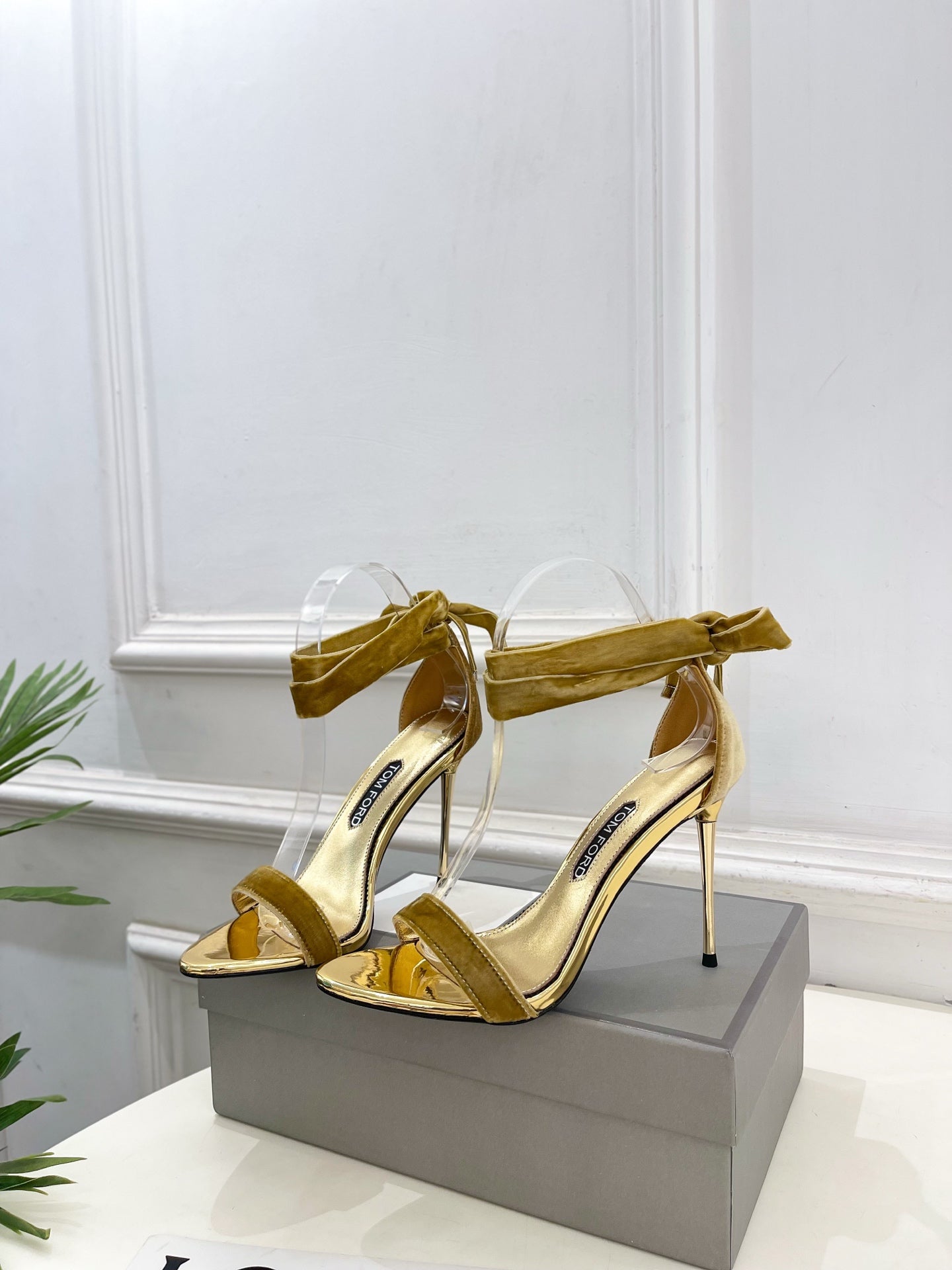 TOM FORD 26S HIGH-HEELED SANDALS 105 MM IN BROWN FABRIC AND GOLD CALFSKIN