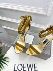 TOM FORD 26S HIGH-HEELED SANDALS 105 MM IN BROWN FABRIC AND GOLD CALFSKIN